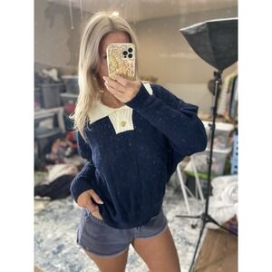 navy blue & Off white collared knit sweater gold button Classic Knit Women's‎ M